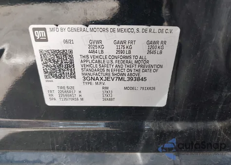 2021 Chevrolet Equinox Fwd 2Fl из США, поврежденный, VIN 3GNAXJEV7ML393845